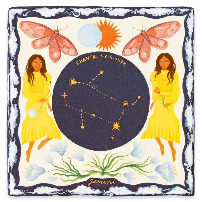 Geboortetegel Tweelingen met bloemen en astrologische symbolen