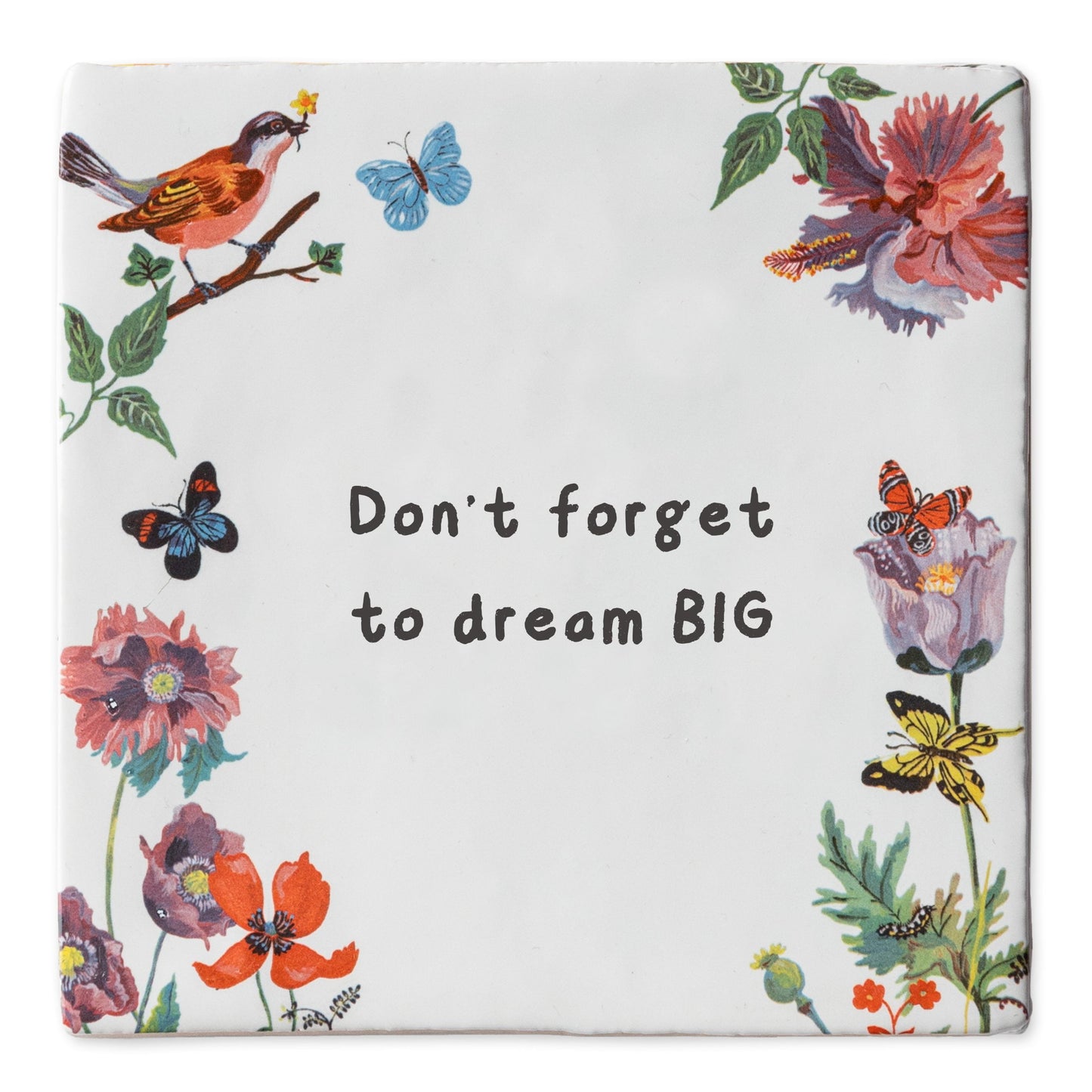 Tegeltje met bloemen, vogels en tekst in het midden
