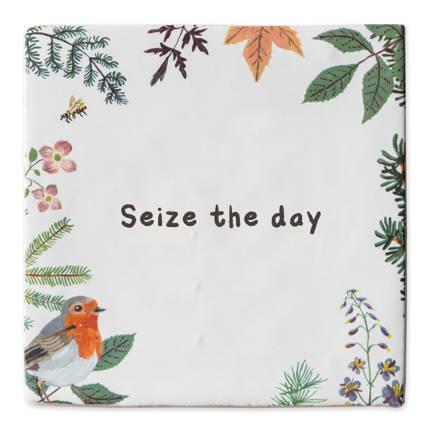 Gepersonaliseerd tegeltje met tekst, omgeven door natuurillustraties