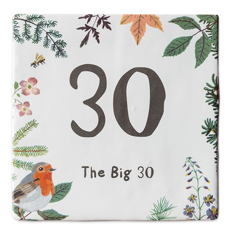 Tegeltje met getal 30 en natuurmotieven rondom