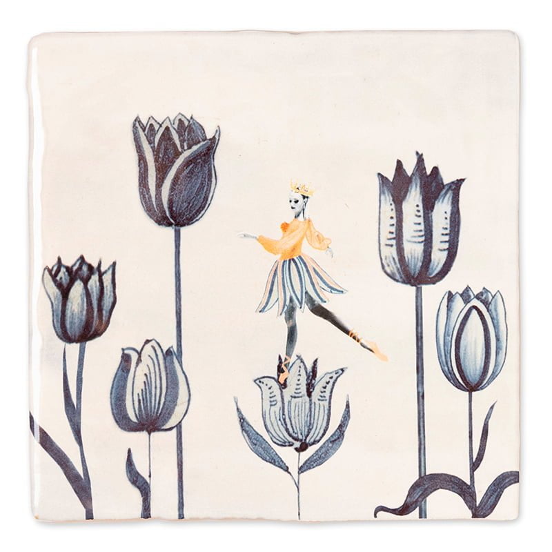 Tegeltje met tulpen en ballerina in sprookjesachtige stijl
