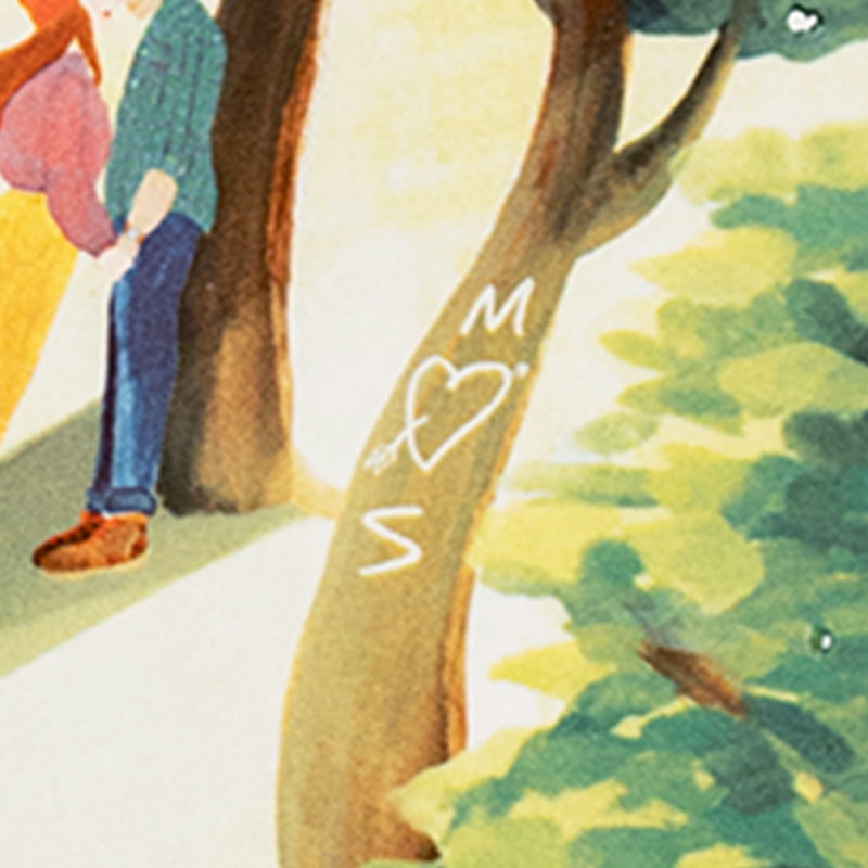 Huwelijkscadeau illustratie met boom en gekerfde initialen