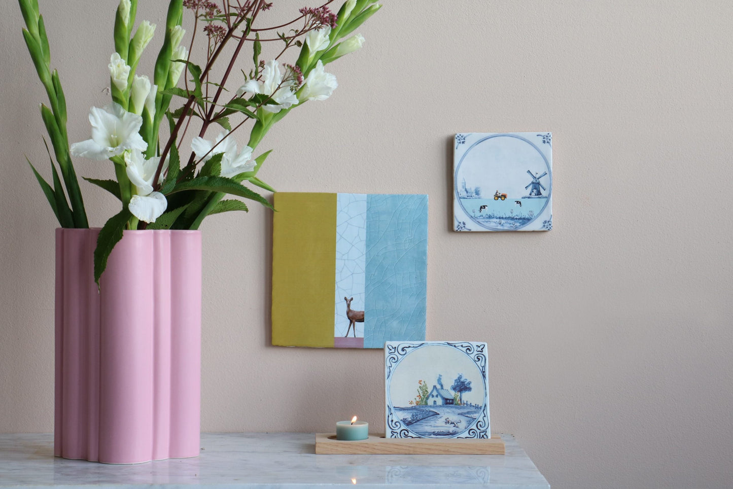 Tegeltje molenlandschap muurdecor blauw-wit boerderijtaferelen plateau