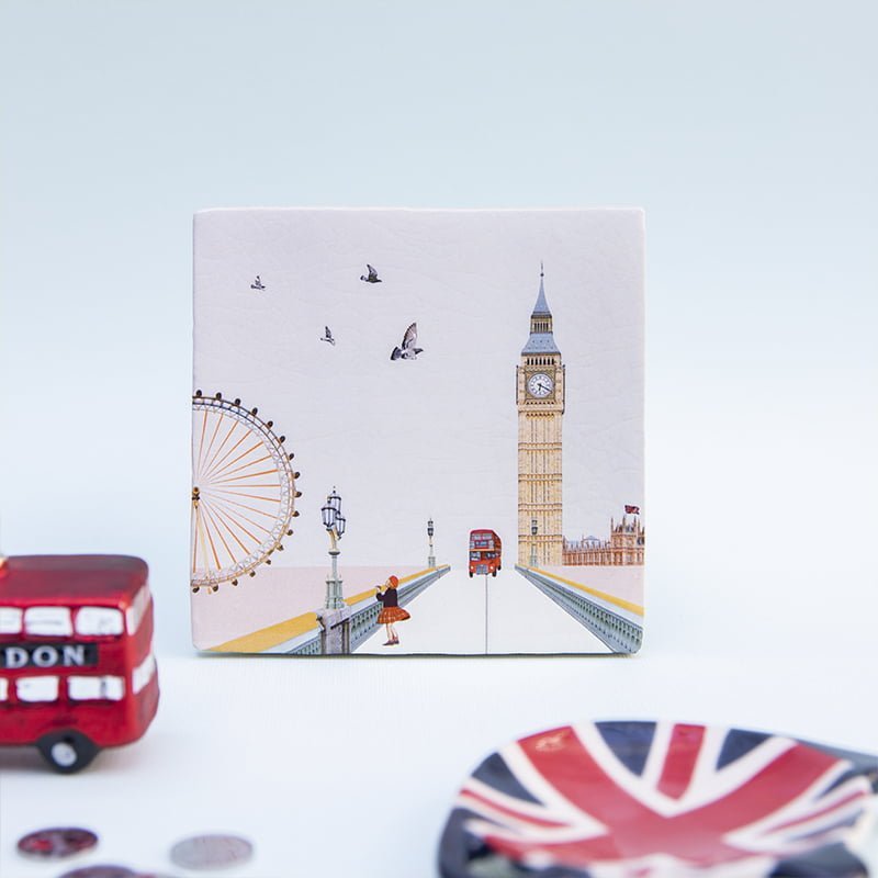 Tegeltje Londen met Big Ben en dubbeldekker bus