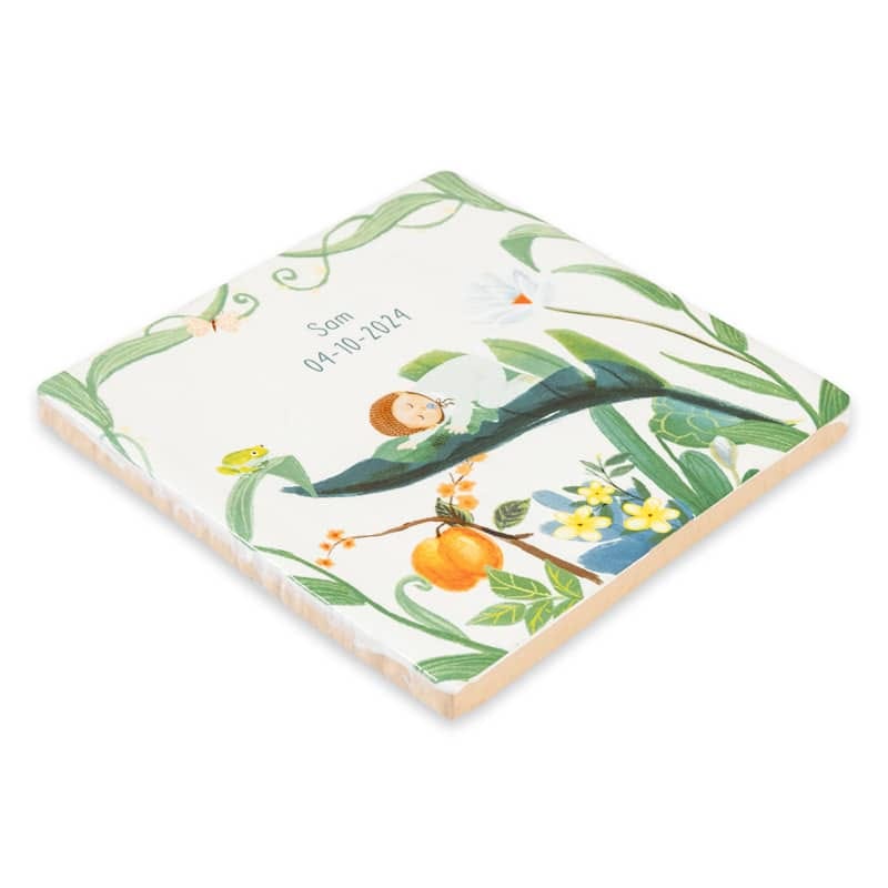 Tegeltje met baby in natuurlijke omgeving, decoratief gepresenteerd