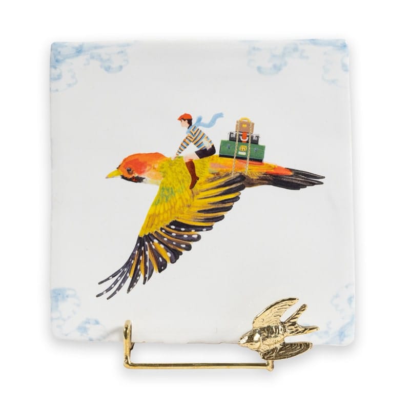 Gouden tegelhouder met een vliegende vogelillustratie