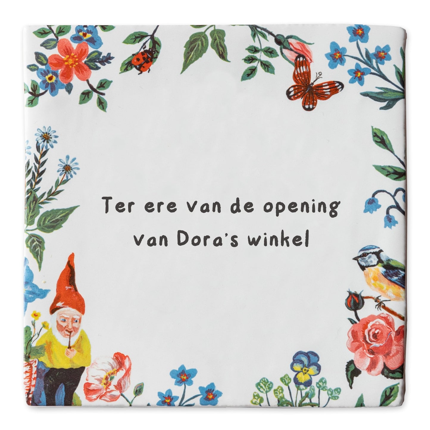Tegeltje met bloemen en tekst voor winkelopening