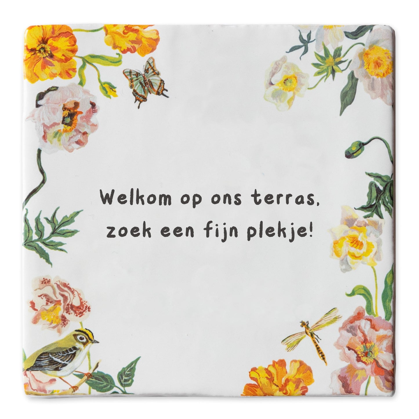Tegeltje met bloemen en tekst, decoratief en uitnodigend gepresenteerd