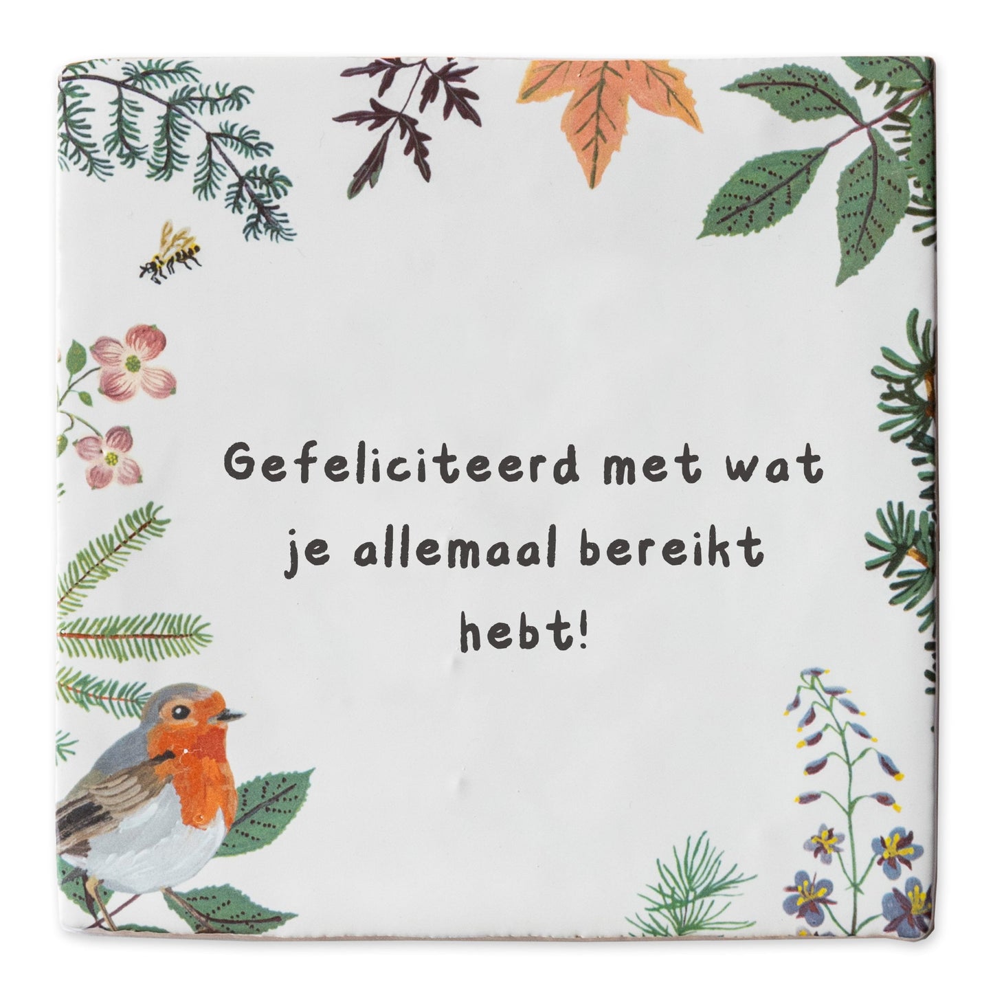 Gepersonaliseerd tegeltje met bladeren en vogelillustraties