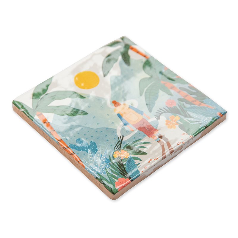 Geslaagd cadeau tegeltje wandelaars jungle landschap kleurrijke illustratie tonen