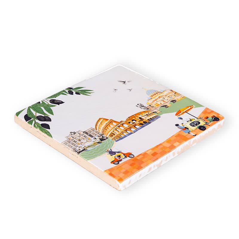 Tegeltje Rome met iconische gebouwen en Vespascooterillustraties