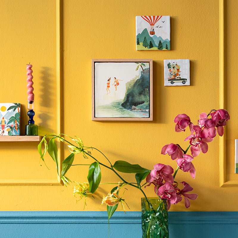 Geslaagd cadeau tegeltje luchtballon kleurrijke kamer met bloemen thematiek