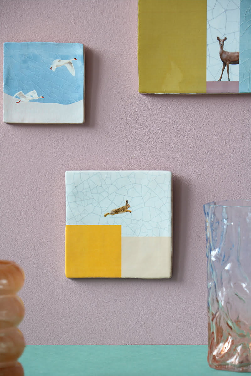 Geslaagd cadeau tegeltje haas kleurrijk aan roze muur gepresenteerd