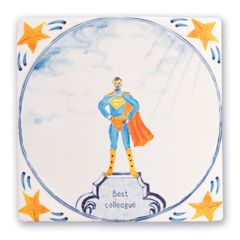 Gepersonaliseerd tegeltje met superheld en tekst "Best Colleague"