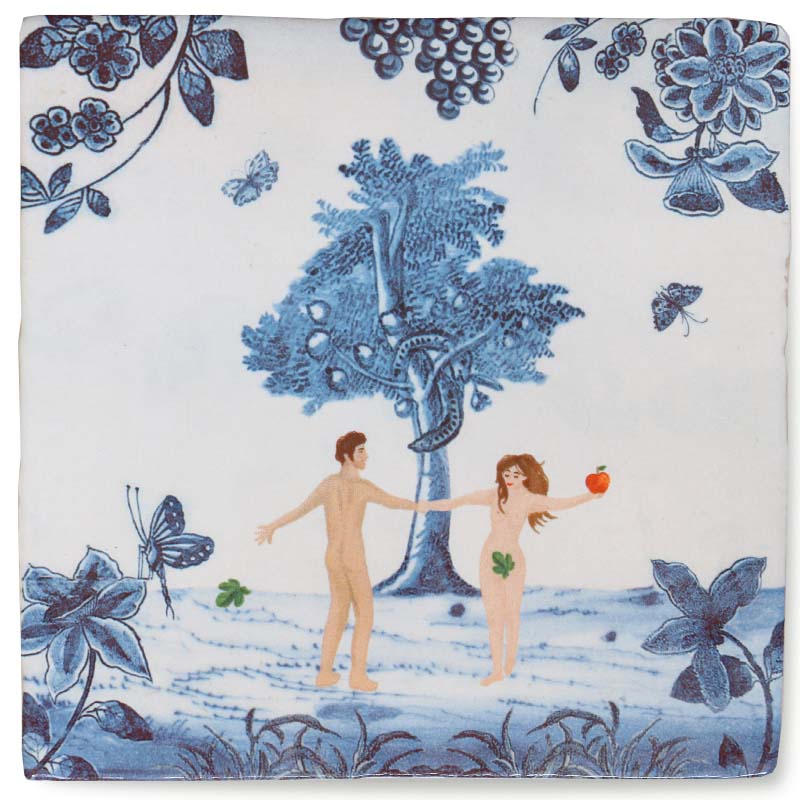 Huwelijkscadeau tegeltje met Adam en Eva, natuurdecoratie eromheen