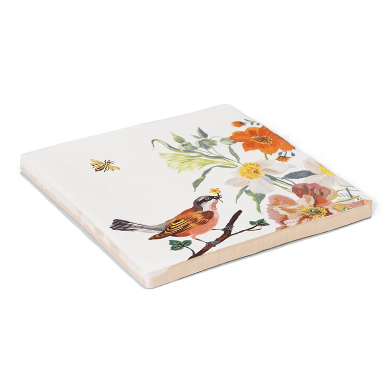 Tegeltje vogel bloem vissertje op witte achtergrond kleurrijk weergegeven