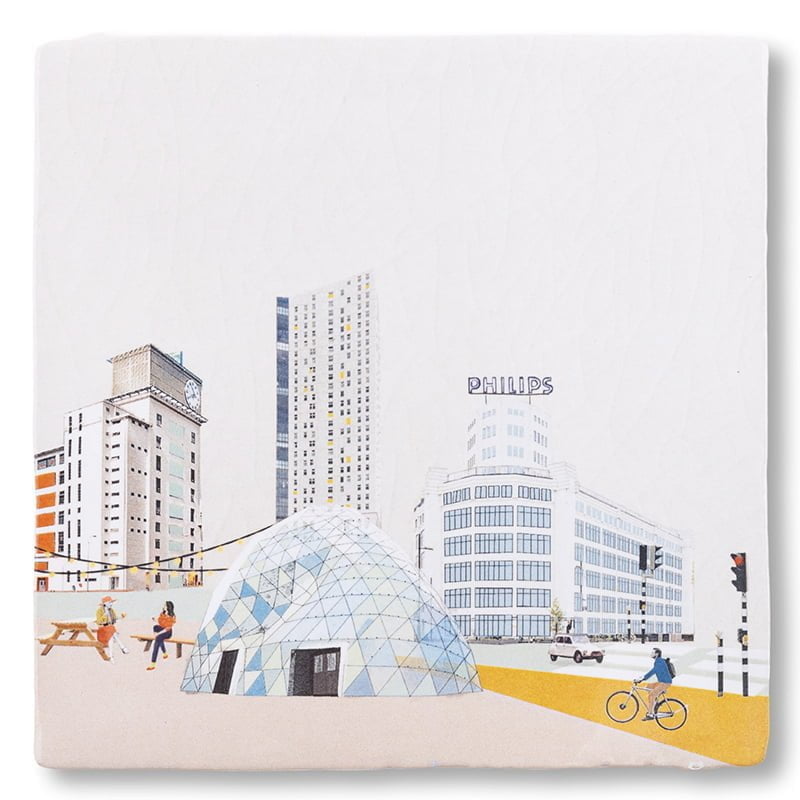 Tegeltje Eindhoven met moderne gebouwen en stadsdrukte afgebeeld