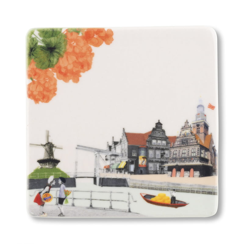 Mini tegeltje Alkmaar met molen en bloemen in hoek