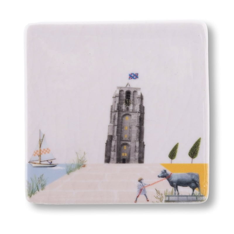 Mini tegeltje Utrecht toren met persoon en koe op straat