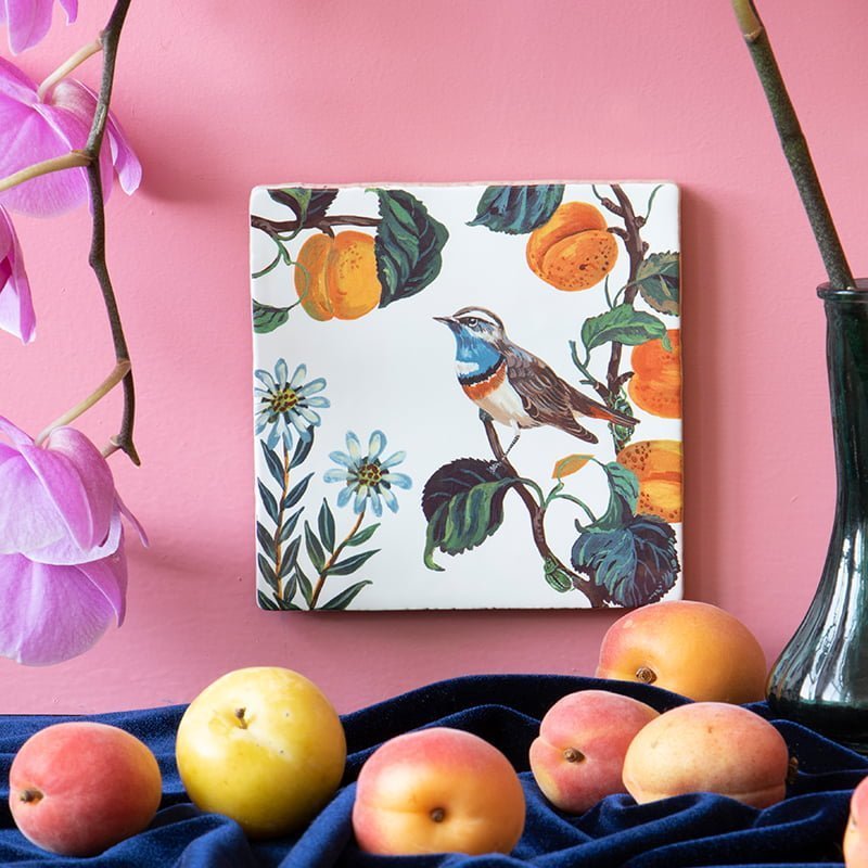 Tegeltje vogel perziken bloemen roze muurstelling
