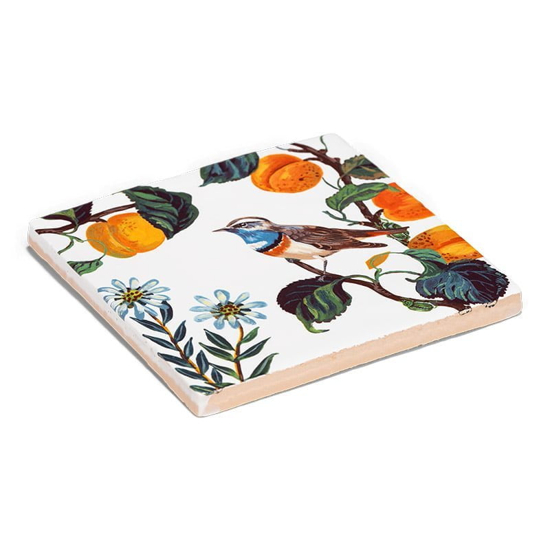 Tegeltje vogel op tak met bloemen en vruchten