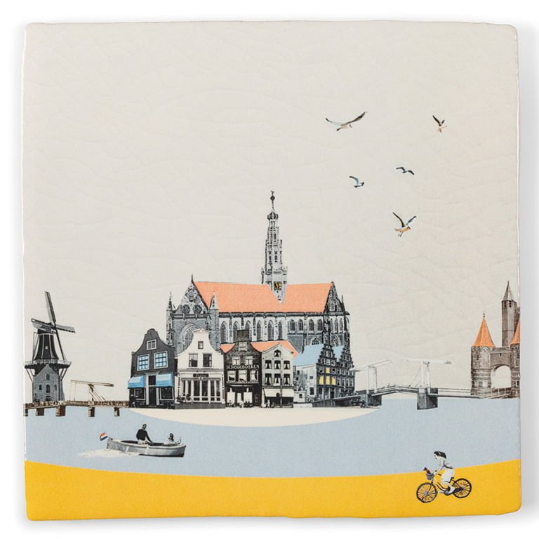 Tegeltje Haarlem met gebouwen en fietsende persoon in landschap