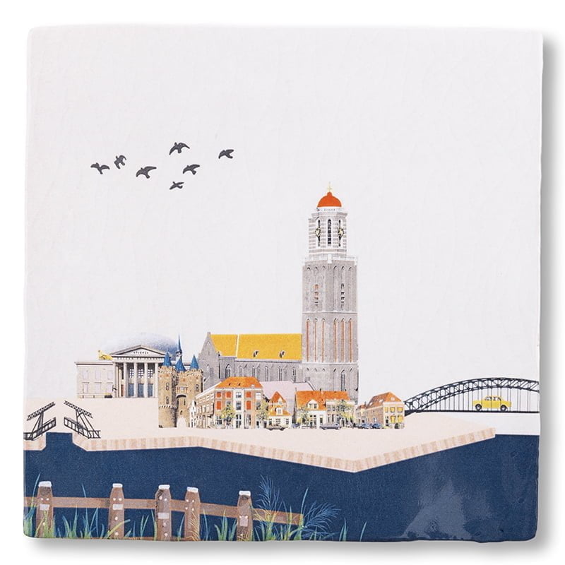 Tegeltje Zwolle met skyline en prominente kerk in landschap