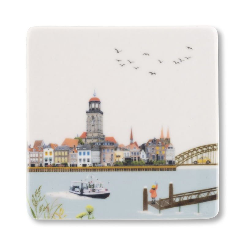 Mini tegeltje Deventer met rivier en brug in landschap