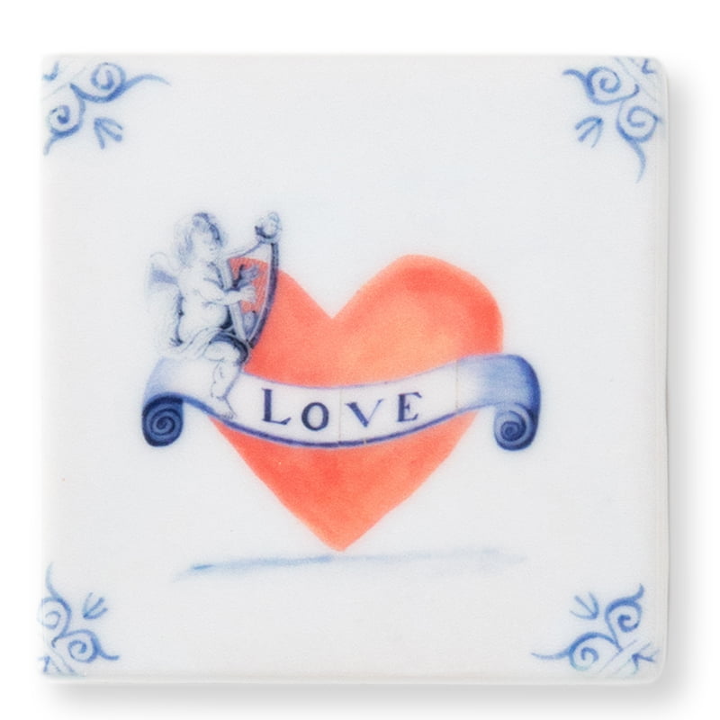 Mini tegeltje cupid hart met liefde tekstdecoratie