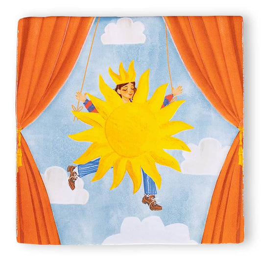 Tegeltje zon in theater met blauwe lucht achtergrond
