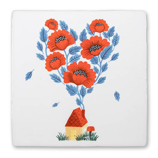 Gepersonaliseerd tegeltje met huis, bloemvormige rookpluimen boven schoorsteen