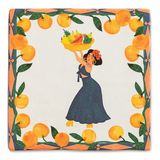 Tegeltje met vrouw en fruitmand binnen sinaasappelrand