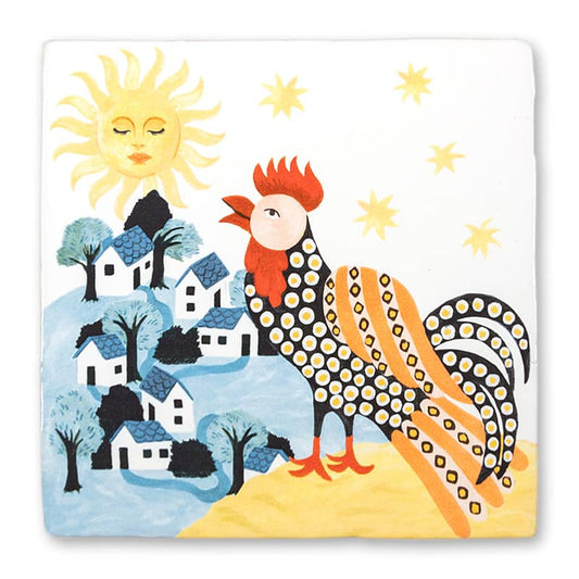 Tegeltje haan in landschap met zon en huisjes