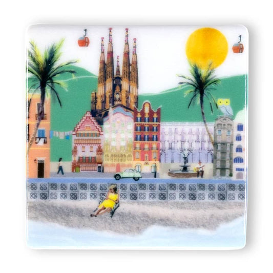 Mini tegeltje Barcelona met kleurrijke gebouwen en palmbomen