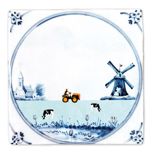 Delfts blauw tegeltje met boer op tractor en molen