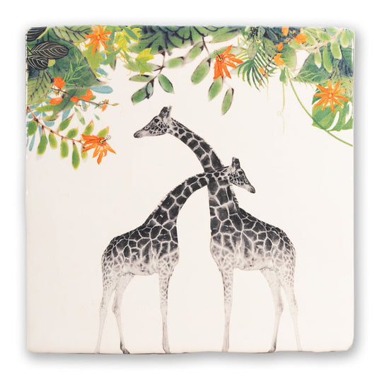 Tegeltje met giraffen onder kleurrijke bladeren en bloemen