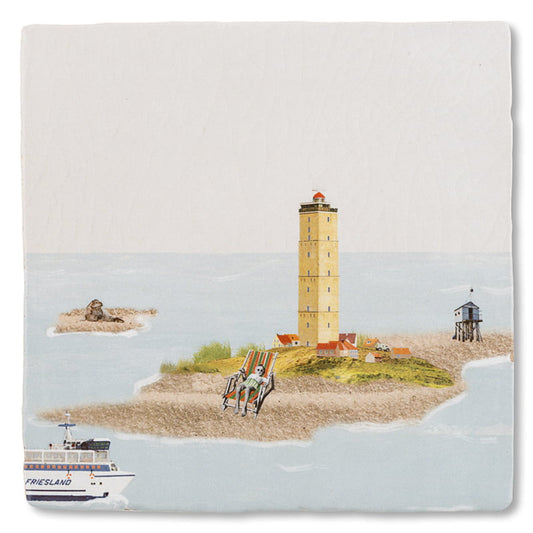 Tegeltje Terschelling met vuurtoren, schip en klein eiland