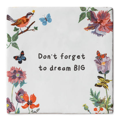 Tegeltje met bloemen, vogels en tekst in het midden