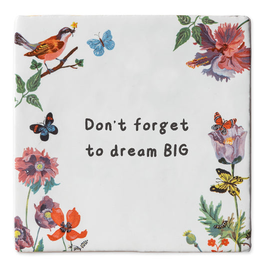 Tegeltje met bloemen, vogels en tekst in het midden