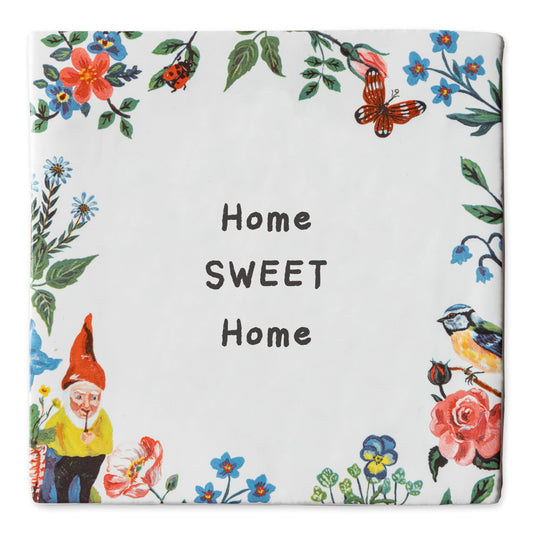 Tegeltje met bloemen, kabouter, vogel en tekst "Home Sweet Home"