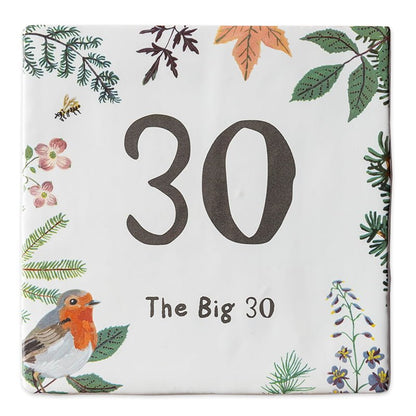 Tegeltje met getal 30 en natuurmotieven rondom