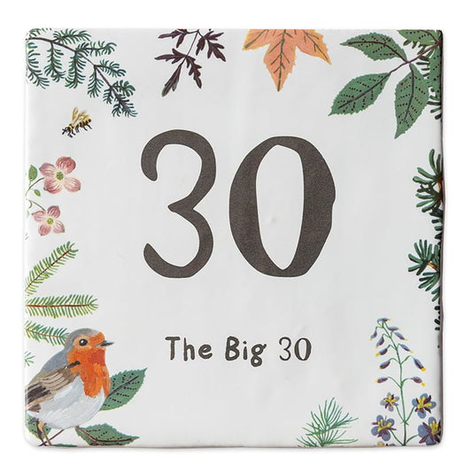 Tegeltje met getal 30 en natuurmotieven rondom