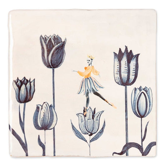 Tegeltje met tulpen en ballerina in sprookjesachtige stijl