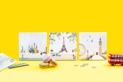 Tegeltjes wereldsteden geel met metrokaart, macarons, busje