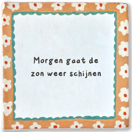 Gepersonaliseerd tegeltje met tekst en bloemmotief rand