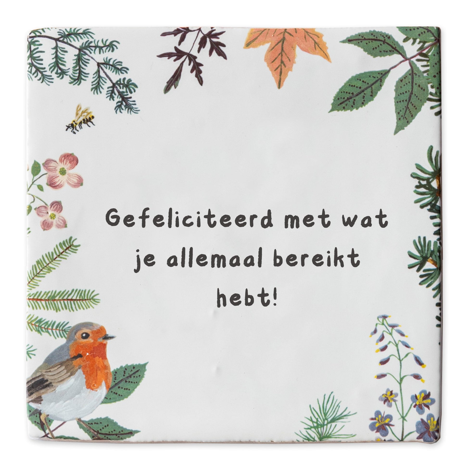 Gepersonaliseerd tegeltje met bladeren en vogelillustraties