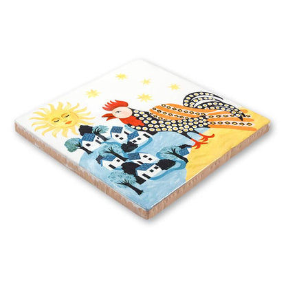 Tegeltje haan boven dorp met zon en sterren