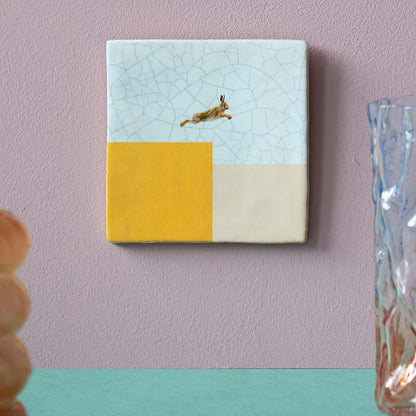 Geslaagd cadeau tegeltje met springende haas, aan roze muur