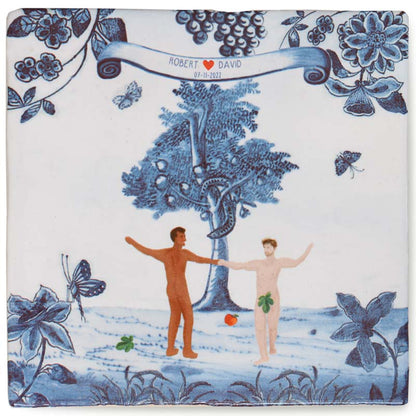 Huwelijkscadeau tegeltje met Adam en Eva, blauwe bloemenrand