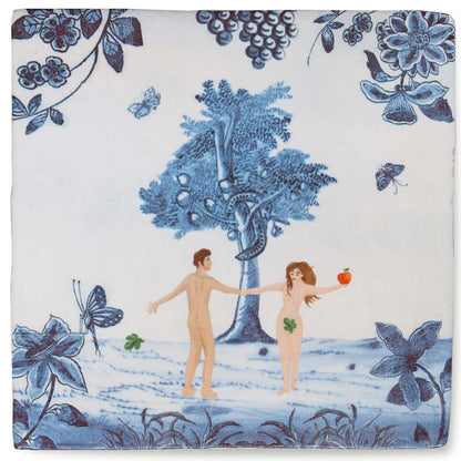 Huwelijkscadeau tegeltje met Adam en Eva, natuurdecoratie eromheen